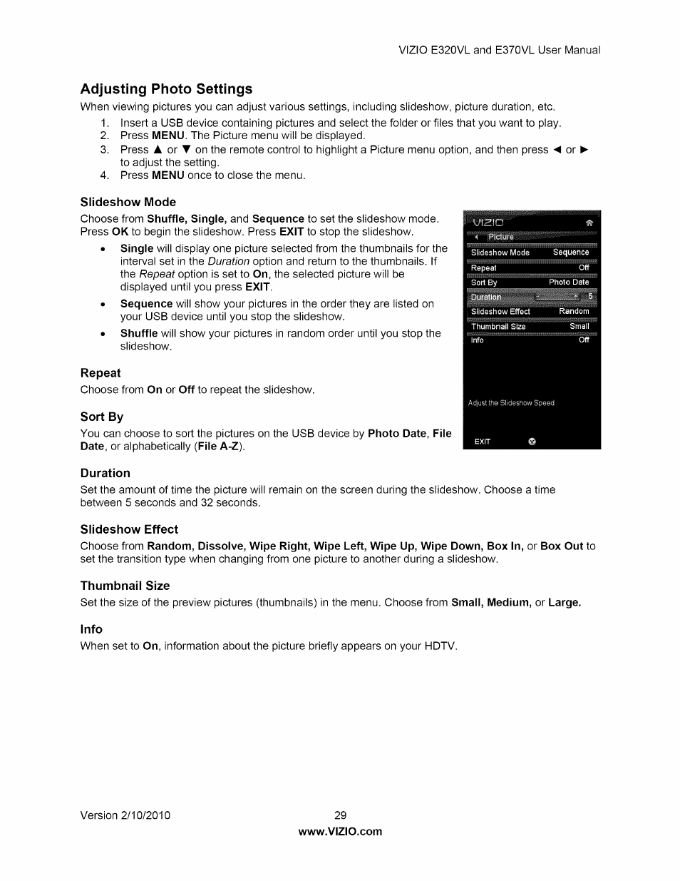 Adjusting photo settings, Slideshow mode, Repeat | Sort by, Duration, Slideshow effect, Thumbnail size | Vizio E320VL User Manual | Page 29 / 54