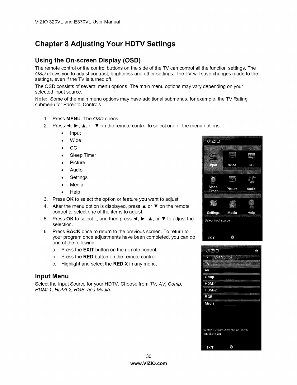 Using the on-screen display (osd), Input menu, Using the on-screen display (osd) input menu | Chapter 8 adjusting your hdtv settings | Vizio E320VL User Manual | Page 30 / 54
