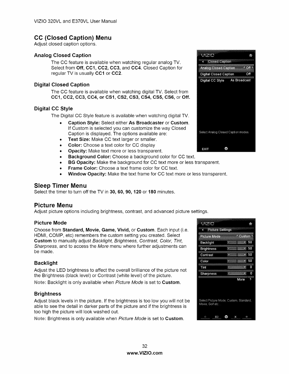 Cc (closed caption) menu, Analog closed caption, Digital closed caption | Digital cc style, Sleep timer menu, Picture menu, Picture mode, Backlight, Brightness, Co (closed caption) menu | Vizio E320VL User Manual | Page 32 / 54