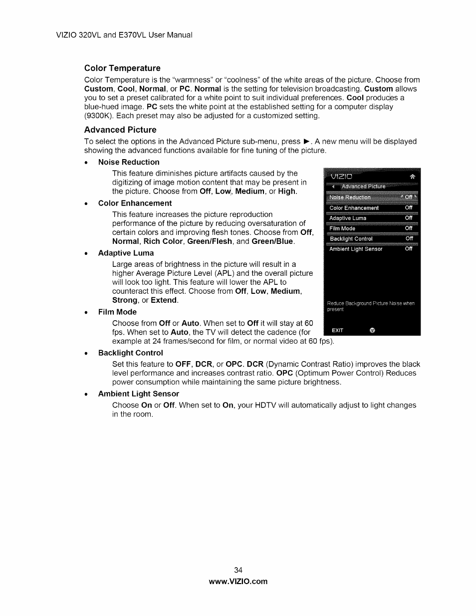 Color temperature, Advanced picture | Vizio E320VL User Manual | Page 34 / 54