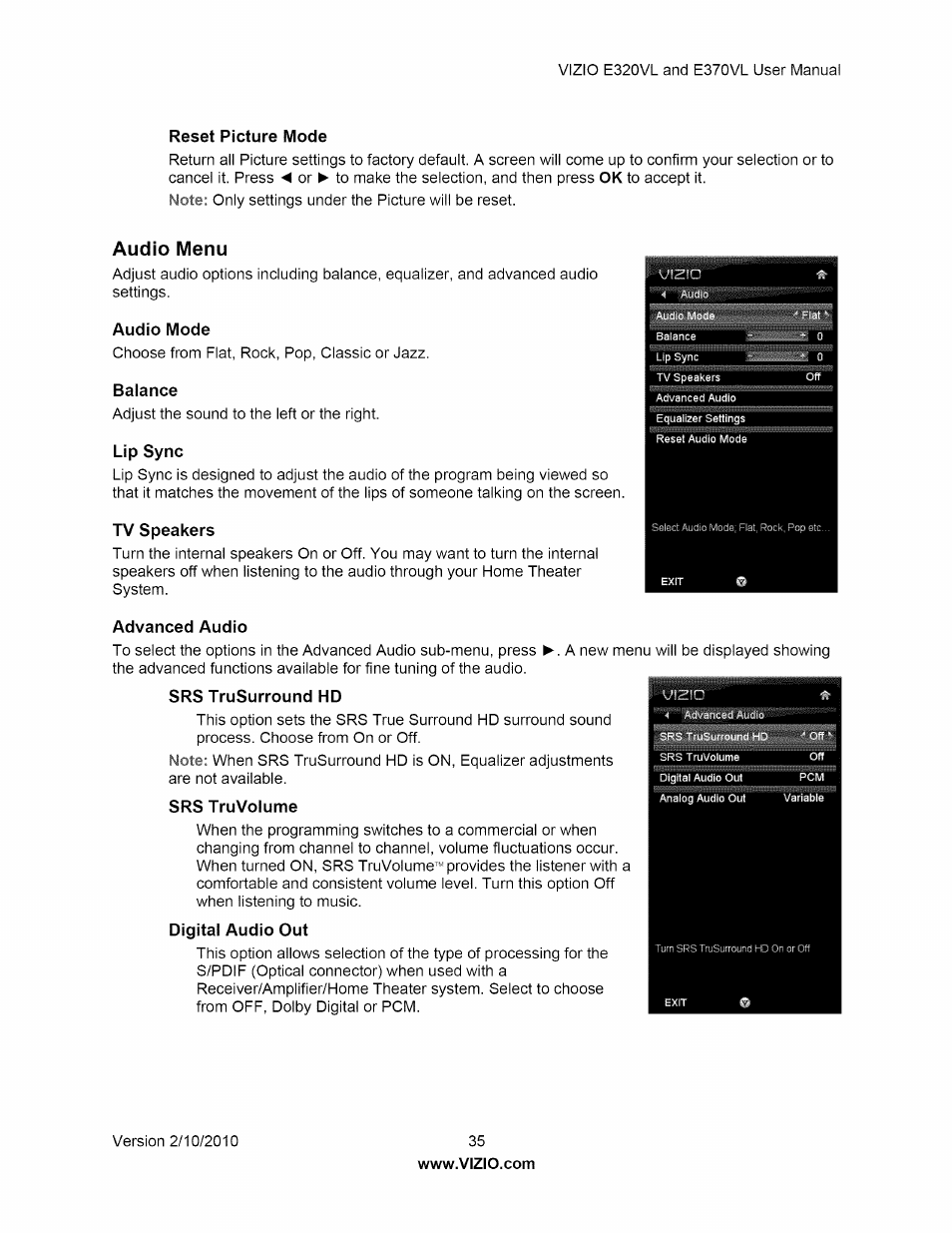 Reset picture mode, Audio menu, Audio mode | Balance, Lip sync, Tv speakers, Advanced audio, Srs trusurround hd, Srs truvolume, Balance lip sync | Vizio E320VL User Manual | Page 35 / 54
