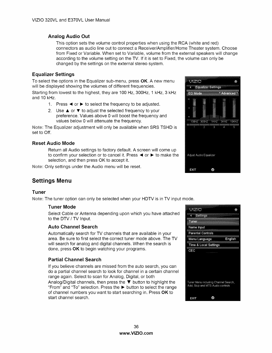 Analog audio out, Equalizer settings, Reset audio mode | Settings menu, Tuner, Auto channel search, Partial channel search, Equalizer settings reset audio mode | Vizio E320VL User Manual | Page 36 / 54
