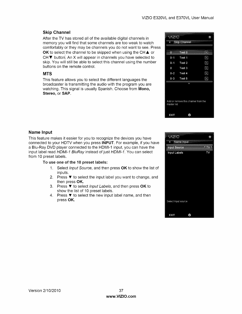Skip channel, Name input | Vizio E320VL User Manual | Page 37 / 54