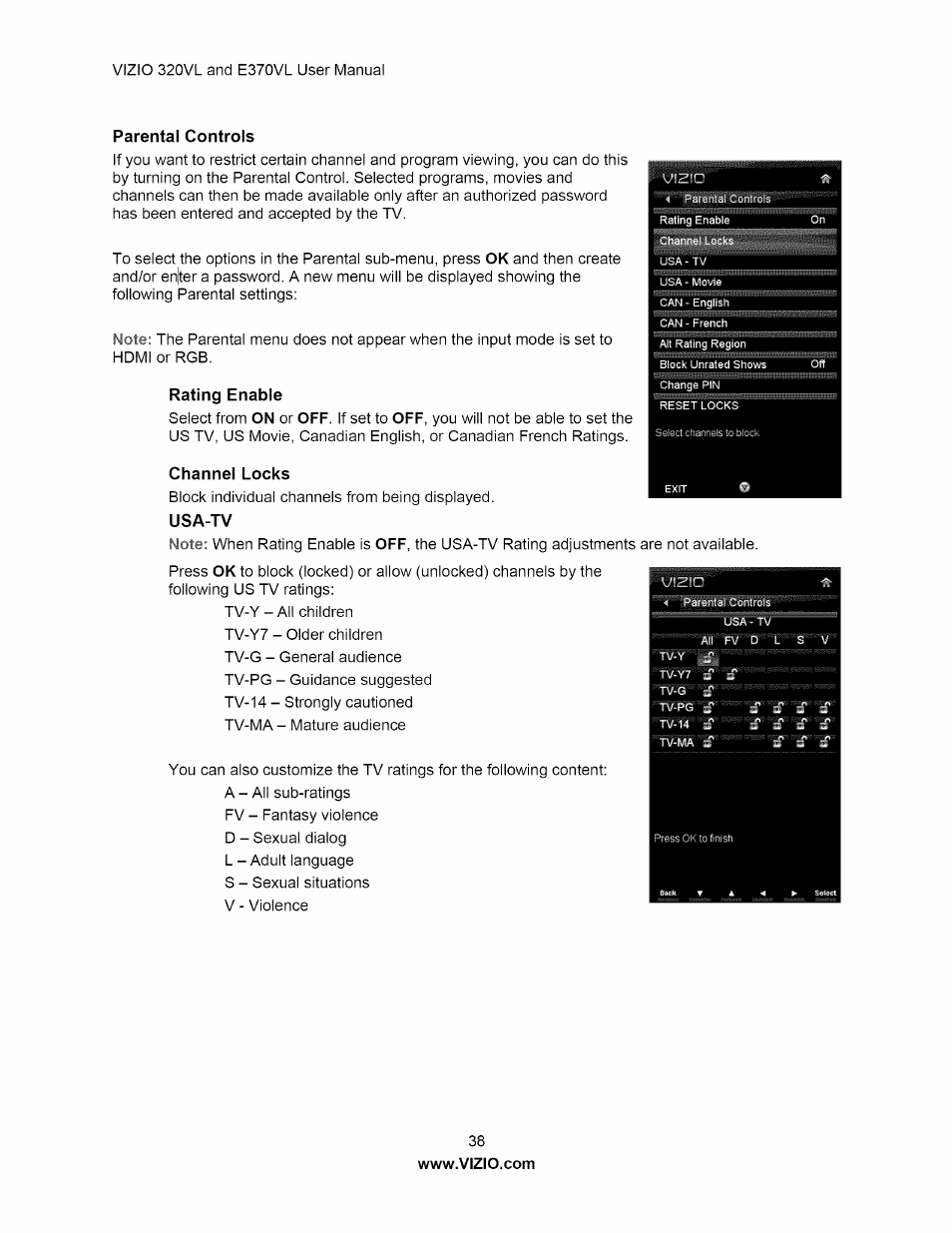 Parental controls, Rating enable, Channel locks | Usa-tv | Vizio E320VL User Manual | Page 38 / 54