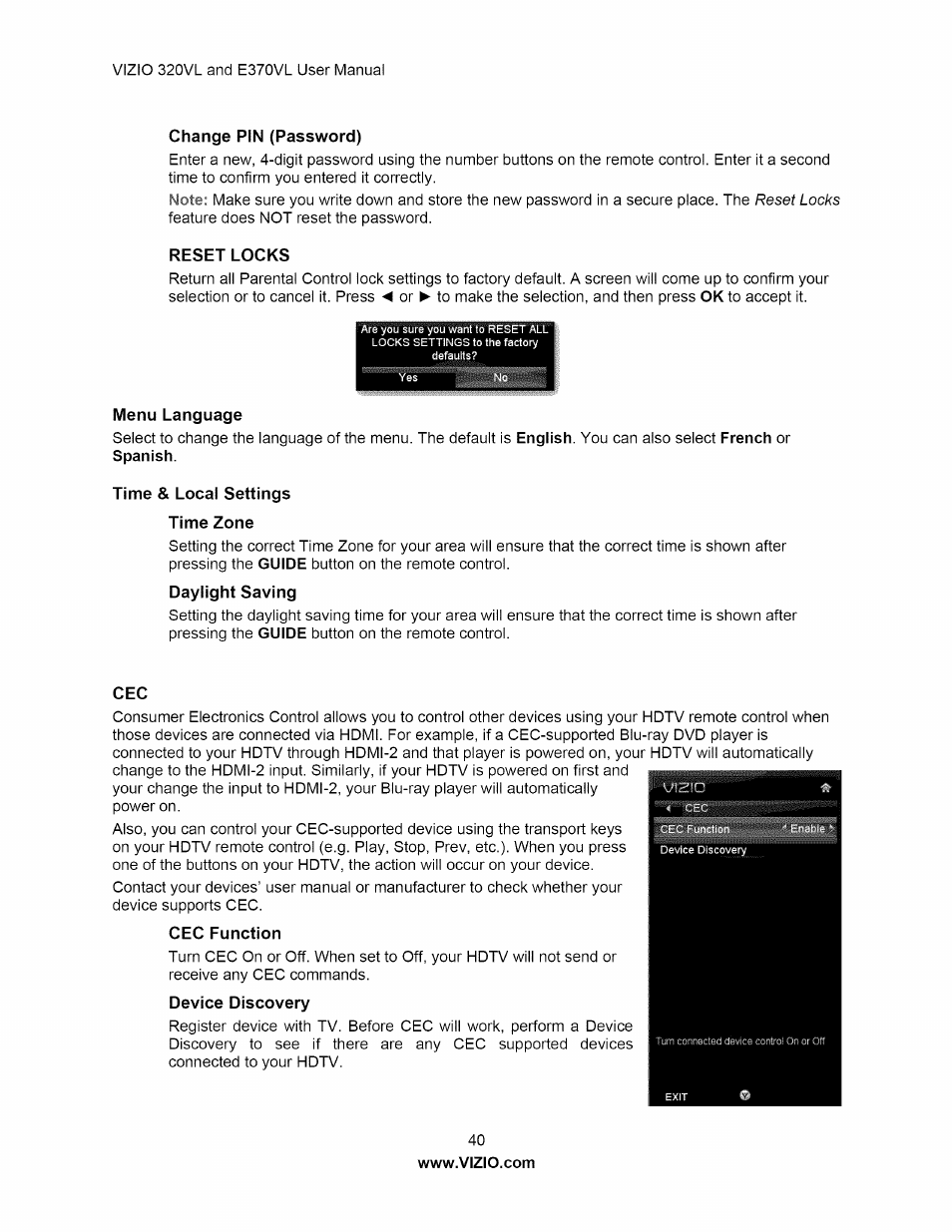 Change pin (password), Reset locks, Menu language | Time & local settings time zone, Cec function, Time & local settings cec | Vizio E320VL User Manual | Page 40 / 54