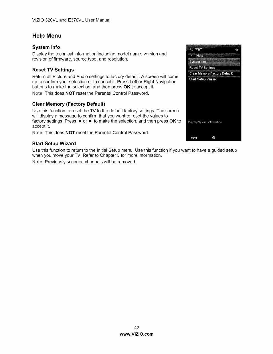 Help menu, System info, Reset tv settings | Clear memory (factory default), Start setup wizard | Vizio E320VL User Manual | Page 42 / 54