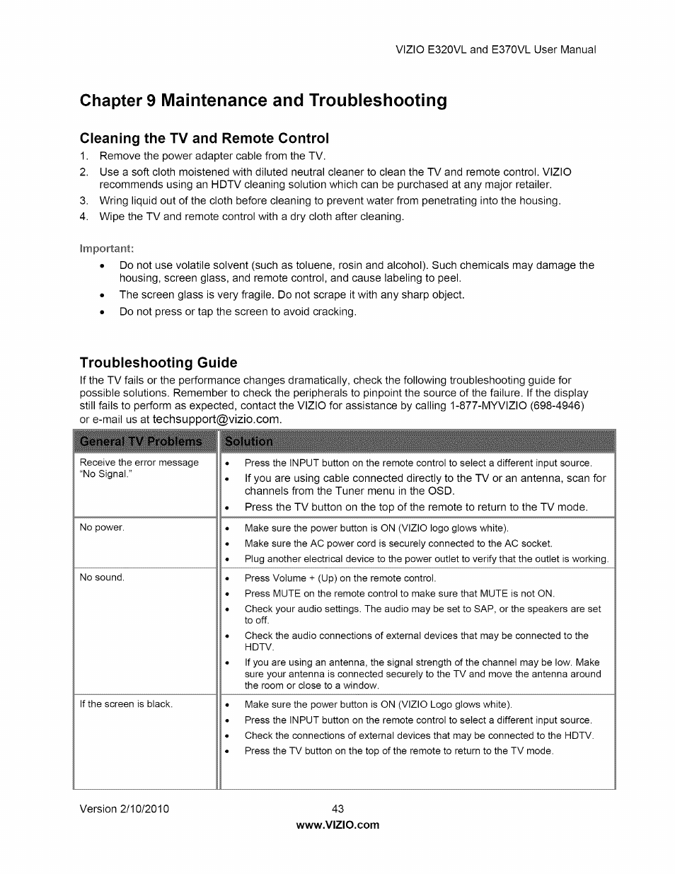 Chapters maintenance and troubleshooting, Cleaning the tv and remote control, Troubleshooting guide | General tv problems solution, Chapter 9 maintenance and troubleshooting | Vizio E320VL User Manual | Page 43 / 54
