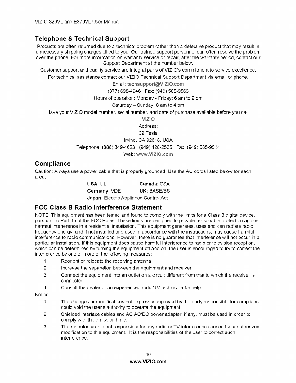 Telephone & technical support, Compliance, Fcc class b radio interference statement | Telephone & technical support compliance | Vizio E320VL User Manual | Page 46 / 54