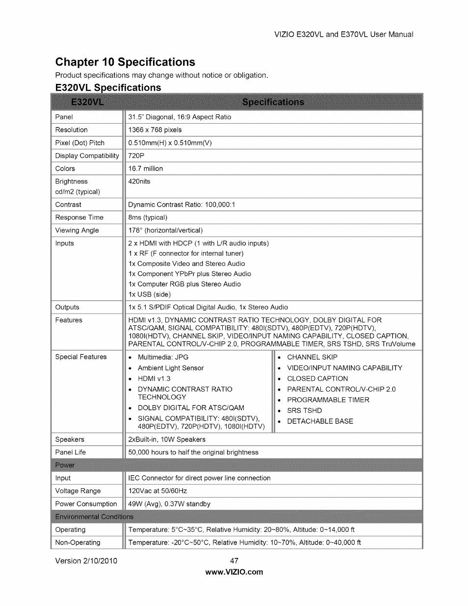 E320vl specifications, Chapter 10 specifications, E320vl | Vizio E320VL User Manual | Page 47 / 54