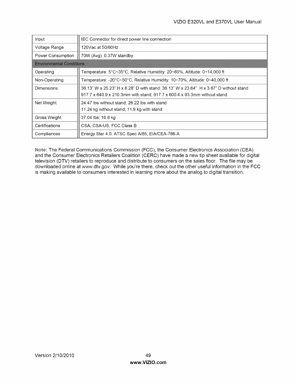 Vizio E320VL User Manual | Page 49 / 54