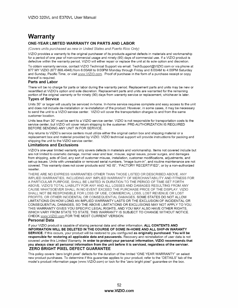 Warranty | Vizio E320VL User Manual | Page 52 / 54