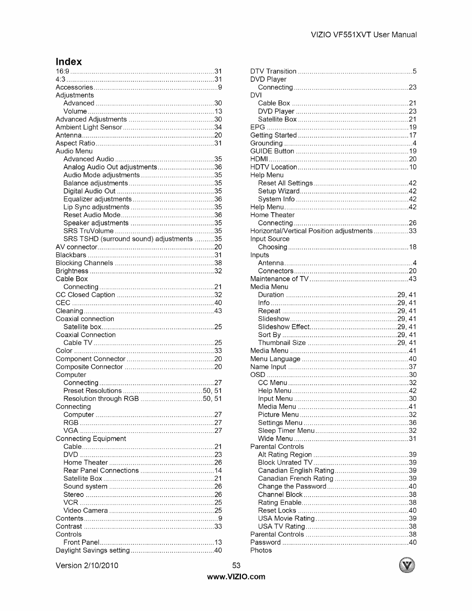 Index | Vizio E320VL User Manual | Page 53 / 54