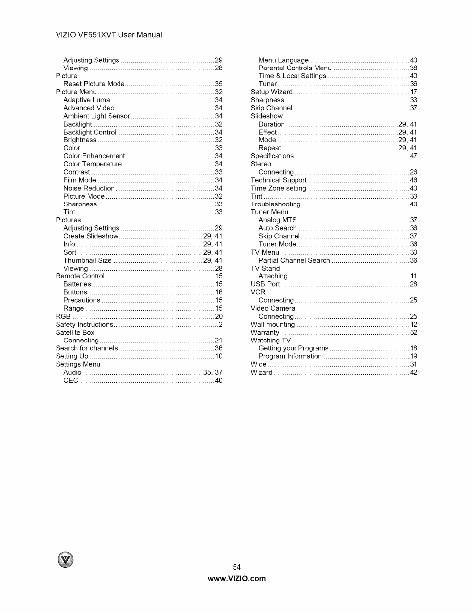 Vizio E320VL User Manual | Page 54 / 54