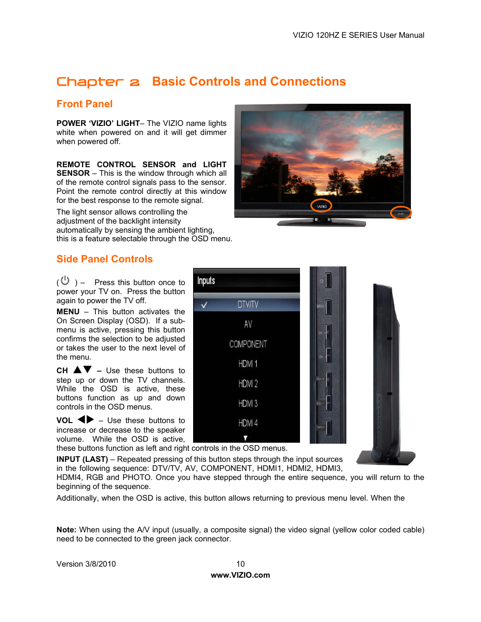 Chapter 2, Basic controls and connections, Front panel | Side panel controls | Vizio LCD E470VA User Manual | Page 10 / 88