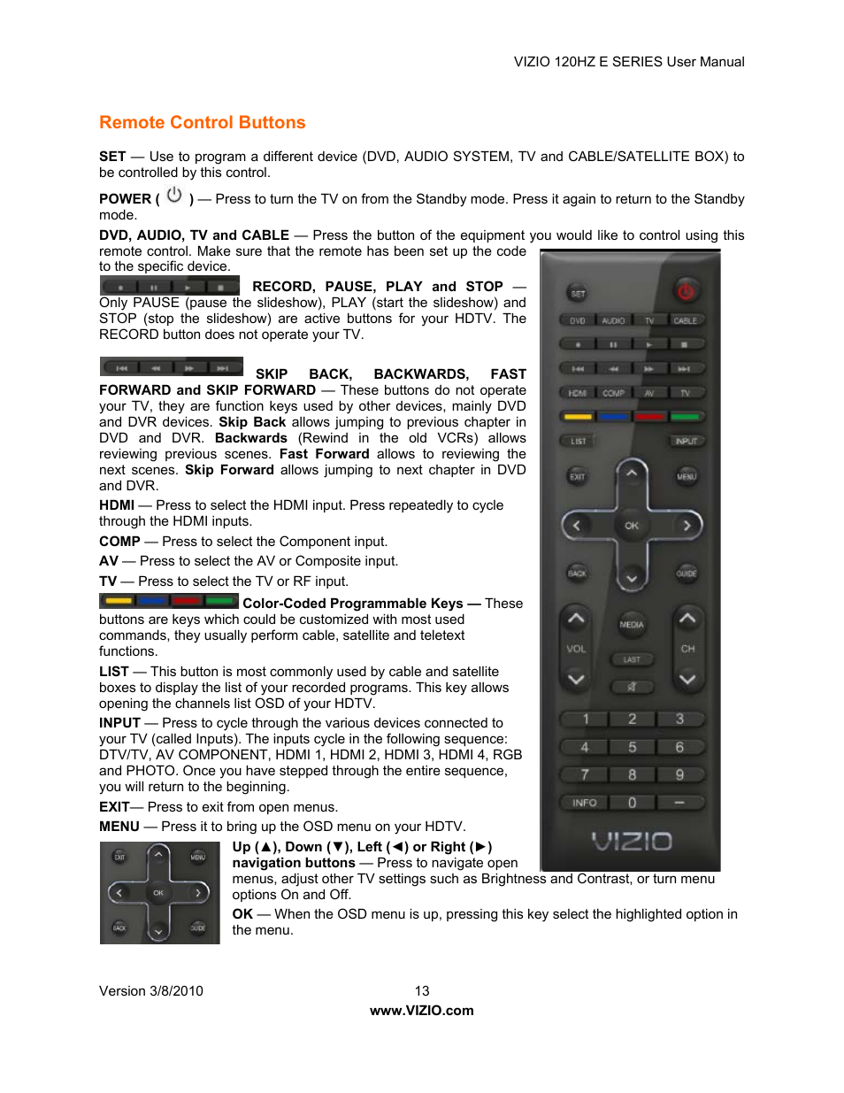Remote control buttons | Vizio LCD E470VA User Manual | Page 13 / 88