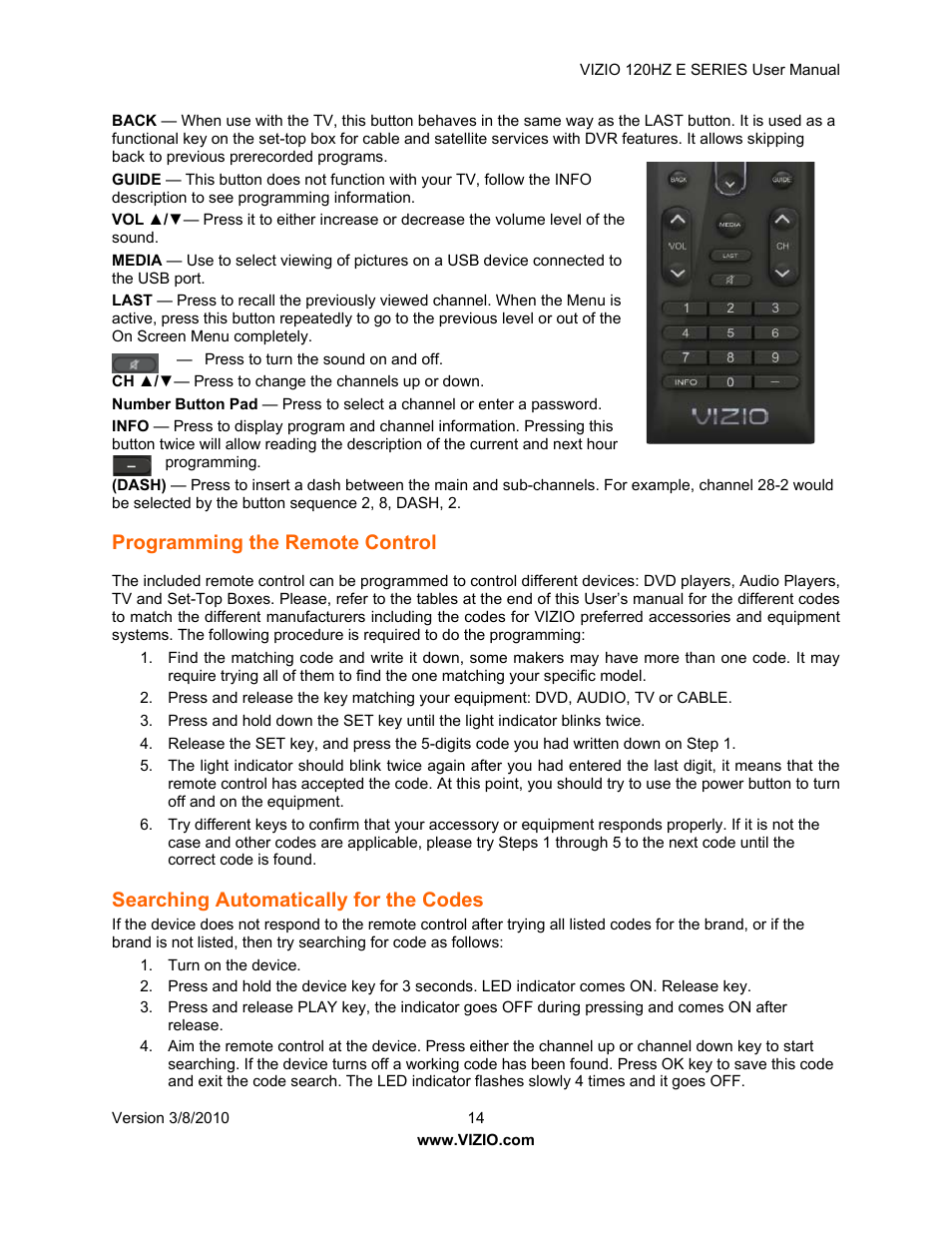 Programming the remote control, Searching automatically for the codes | Vizio LCD E470VA User Manual | Page 14 / 88