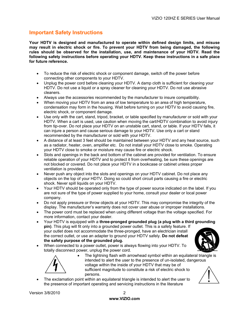 Important safety instructions | Vizio LCD E470VA User Manual | Page 2 / 88