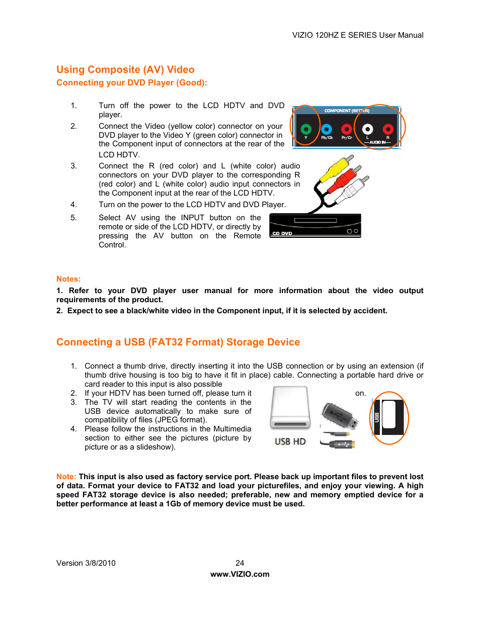 Using composite (av) video, Connecting a usb (fat32 format) storage device | Vizio LCD E470VA User Manual | Page 24 / 88