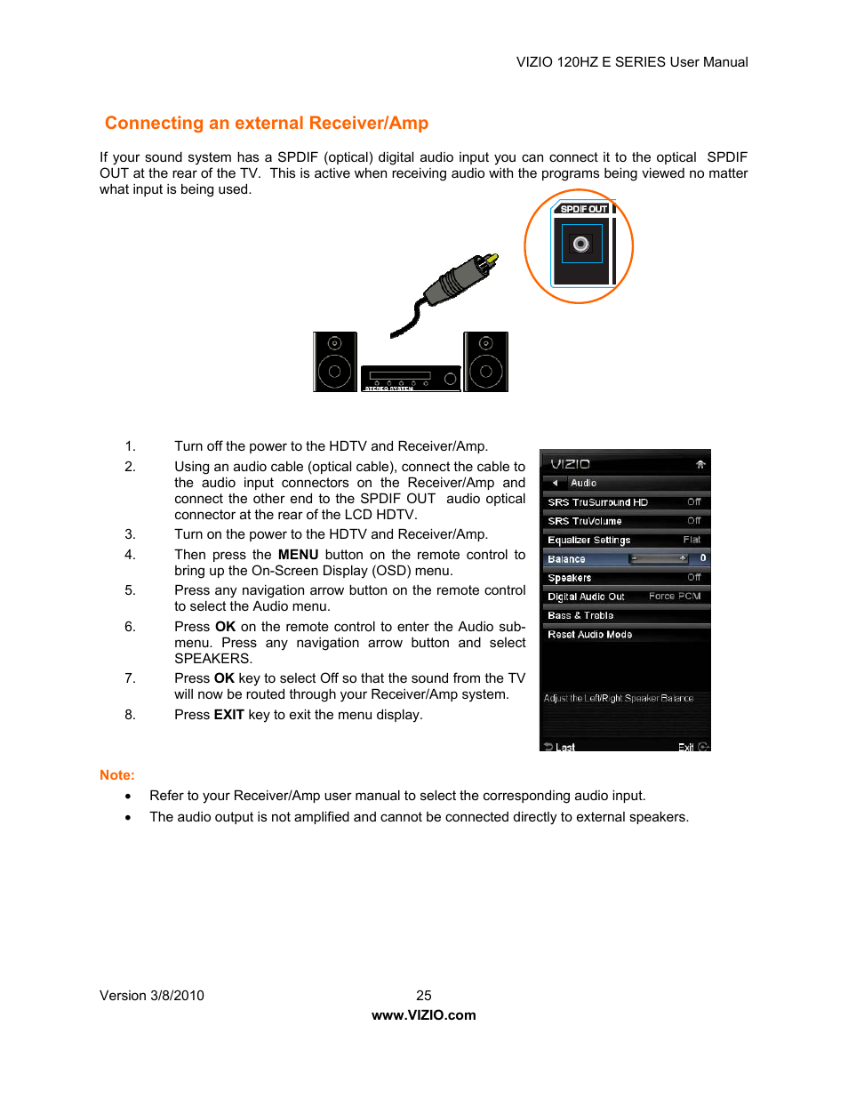 Connecting an external receiver/amp | Vizio LCD E470VA User Manual | Page 25 / 88