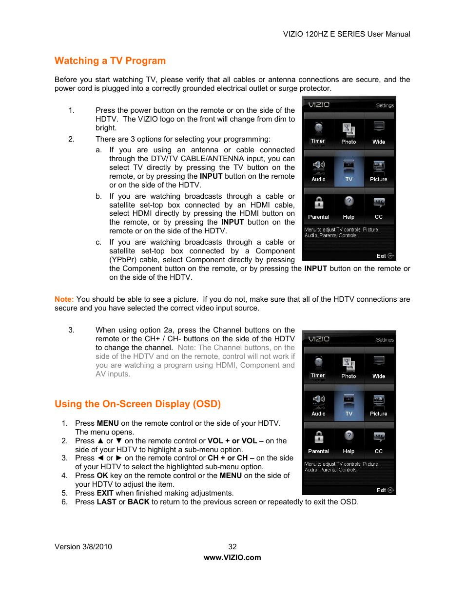 Watching a tv program, Using the on-screen display (osd) | Vizio LCD E470VA User Manual | Page 32 / 88