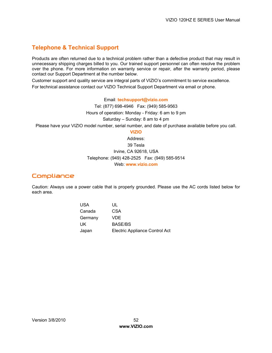 Telephone & technical support, Compliance | Vizio LCD E470VA User Manual | Page 52 / 88