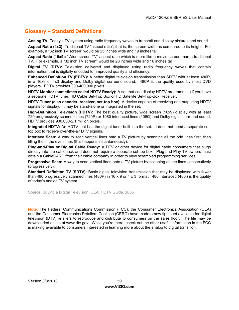 Glossary – standard definitions | Vizio LCD E470VA User Manual | Page 59 / 88