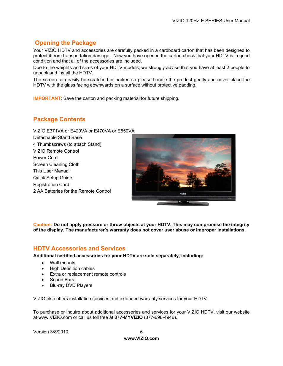 Opening the package, Package contents, Hdtv accessories and services | Vizio LCD E470VA User Manual | Page 6 / 88