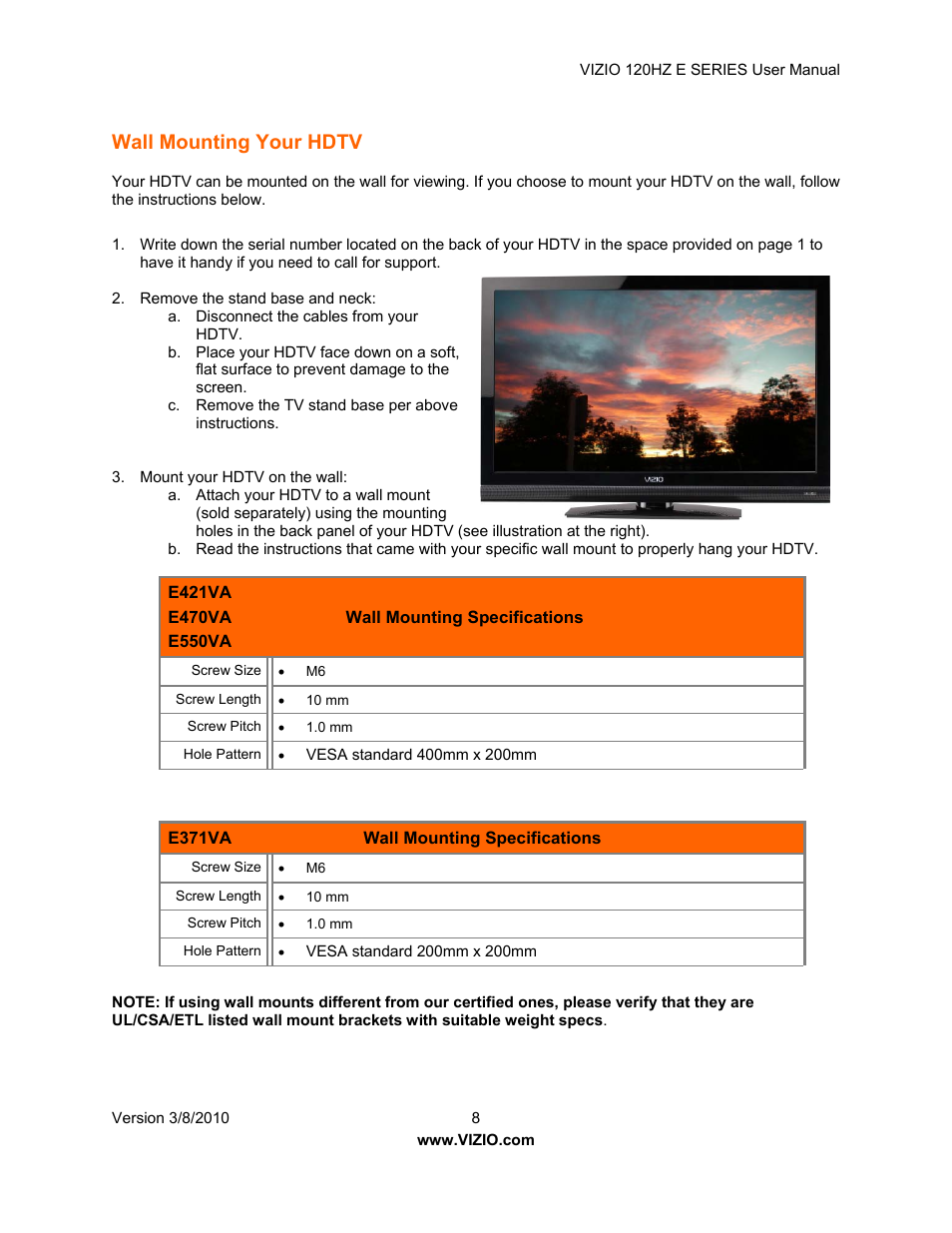 Wall mounting your hdtv | Vizio LCD E470VA User Manual | Page 8 / 88
