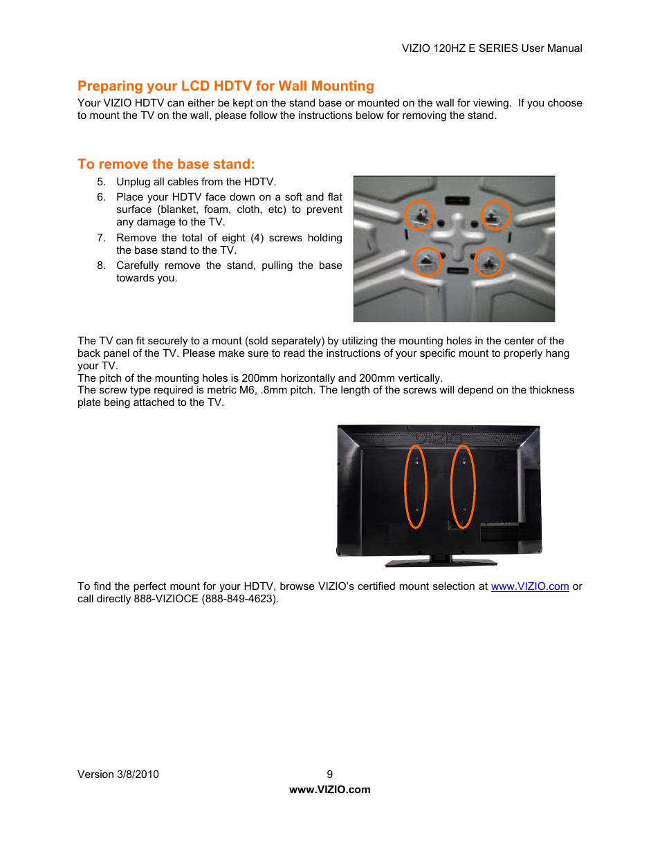 Preparing your lcd hdtv for wall mounting | Vizio LCD E470VA User Manual | Page 9 / 88