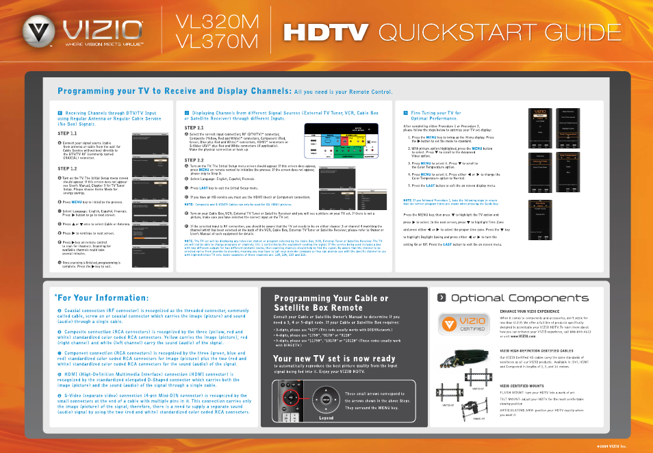 Vl320m, Vl370m, Quickstart guide | Step 1.1, Step 1.2, Step 2.1, Step 2.2, For your information, Programming your cable or satellite box remote, Your new tv set is now ready | Vizio VL320M User Manual | Page 2 / 2