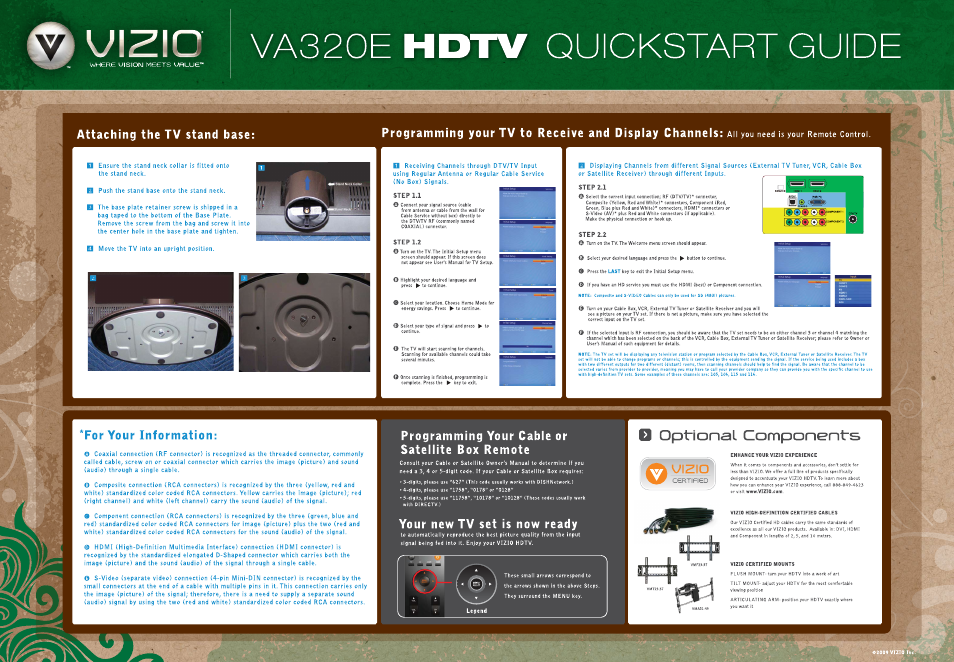Jiziq, Quickstart guide, Attaching the tv stand base | Step 1.1, Step 1.2, Step 2.1, Step 2.2, For your information, Programming your cable or satellite box remote, Enhance your vizio experience | Vizio VA320E User Manual | Page 2 / 2