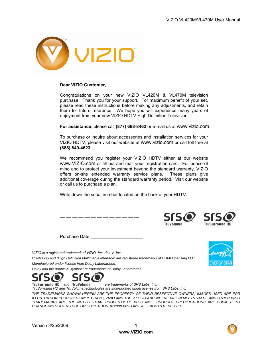 Vizio VL470M User Manual | 64 pages