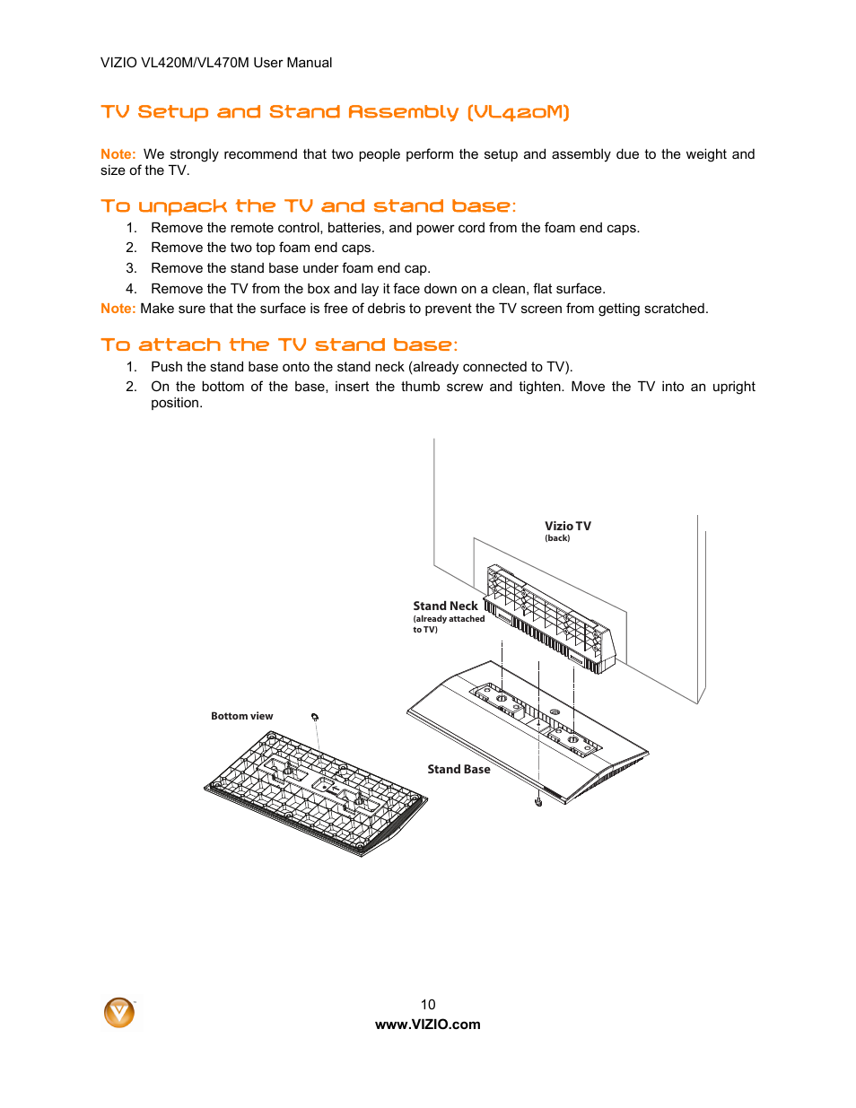 Tv setup and stand assembly (vl420m) | Vizio VL470M User Manual | Page 10 / 64