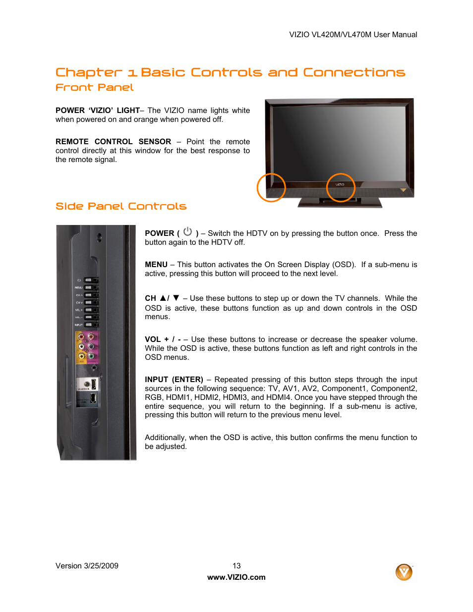 Chapter 1 basic controls and connections, Front panel, Side panel controls | Vizio VL470M User Manual | Page 13 / 64