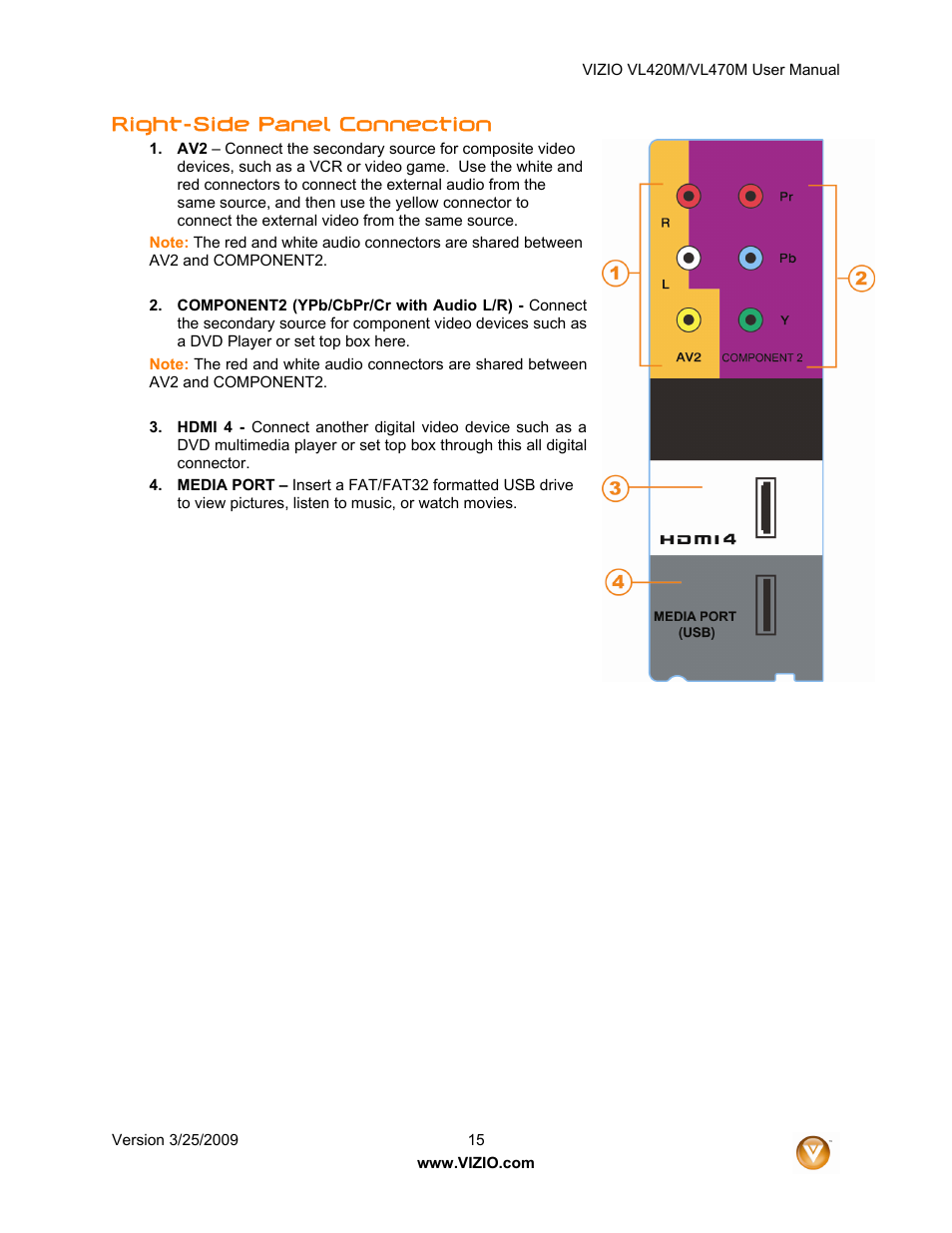 Right-side panel connection | Vizio VL470M User Manual | Page 15 / 64