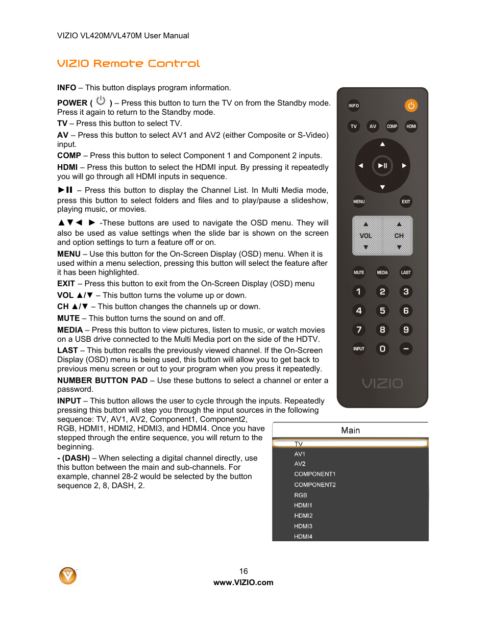 Vizio remote control | Vizio VL470M User Manual | Page 16 / 64