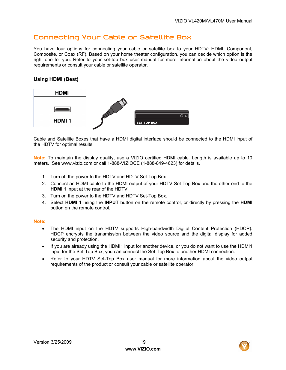 Connecting your cable or satellite box | Vizio VL470M User Manual | Page 19 / 64