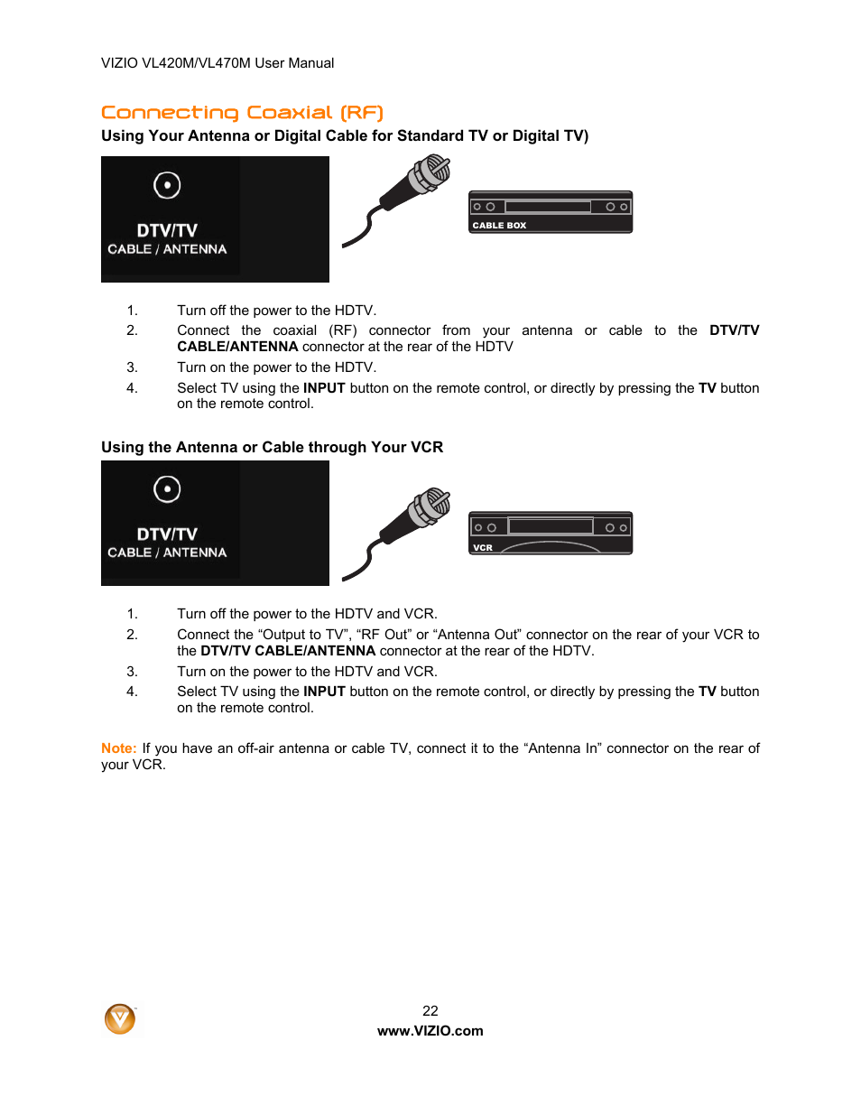 Connecting coaxial (rf) | Vizio VL470M User Manual | Page 22 / 64