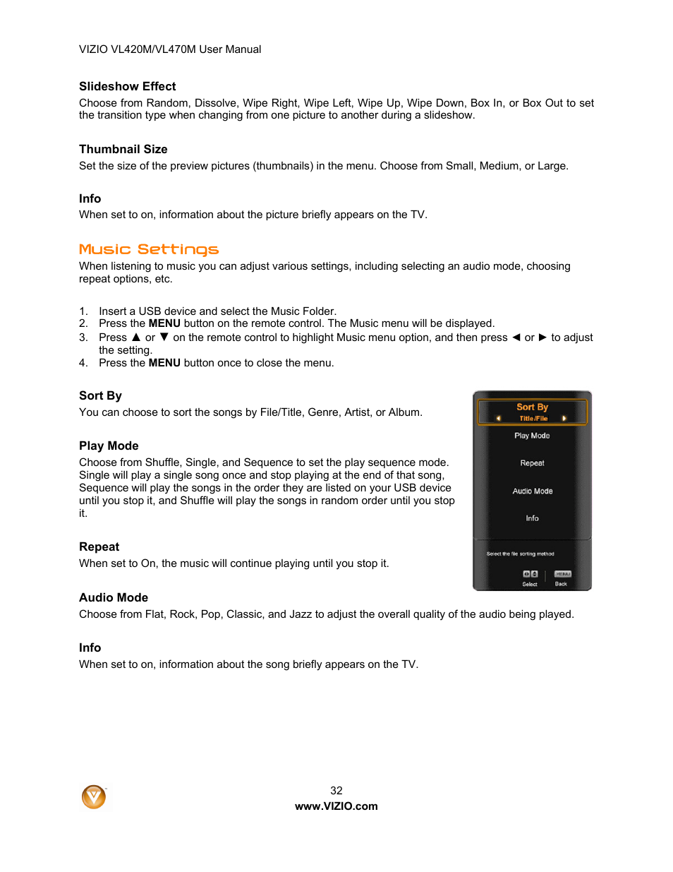 Music settings | Vizio VL470M User Manual | Page 32 / 64