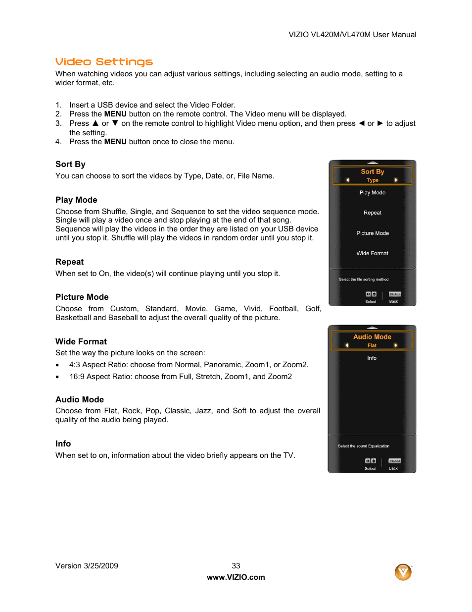 Video settings | Vizio VL470M User Manual | Page 33 / 64