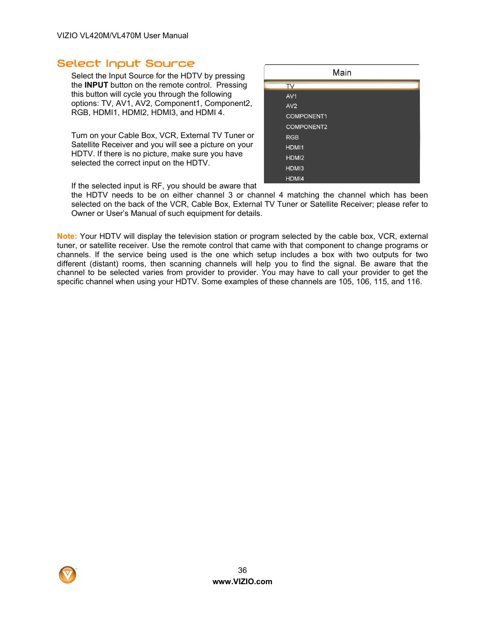 Select input source | Vizio VL470M User Manual | Page 36 / 64