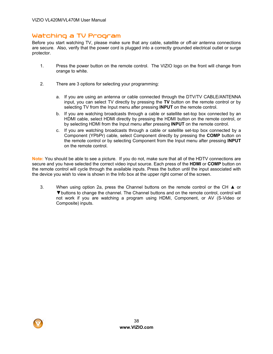 Watching a tv program | Vizio VL470M User Manual | Page 38 / 64