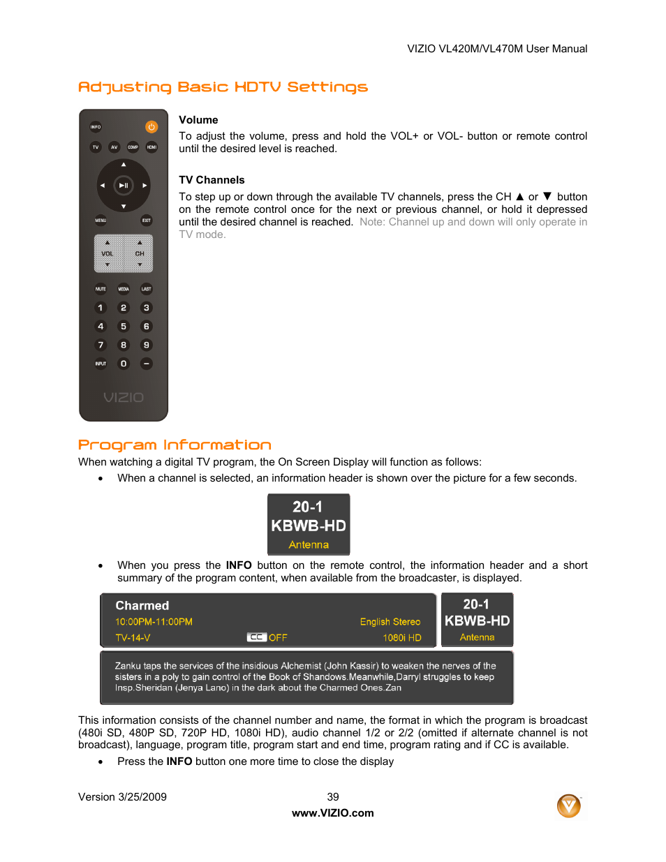 Adjusting basic hdtv settings, Program information | Vizio VL470M User Manual | Page 39 / 64