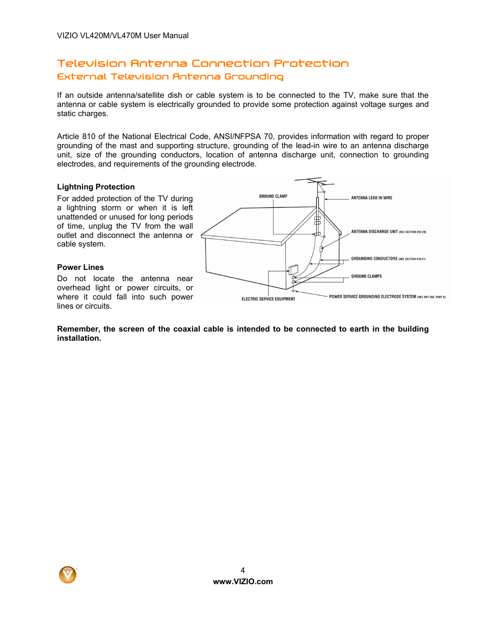 Television antenna connection protection | Vizio VL470M User Manual | Page 4 / 64