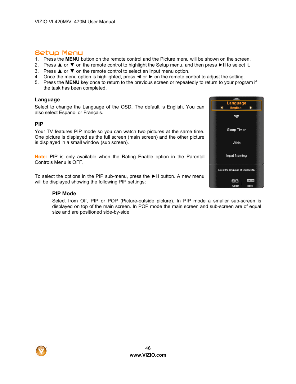 Setup menu | Vizio VL470M User Manual | Page 46 / 64