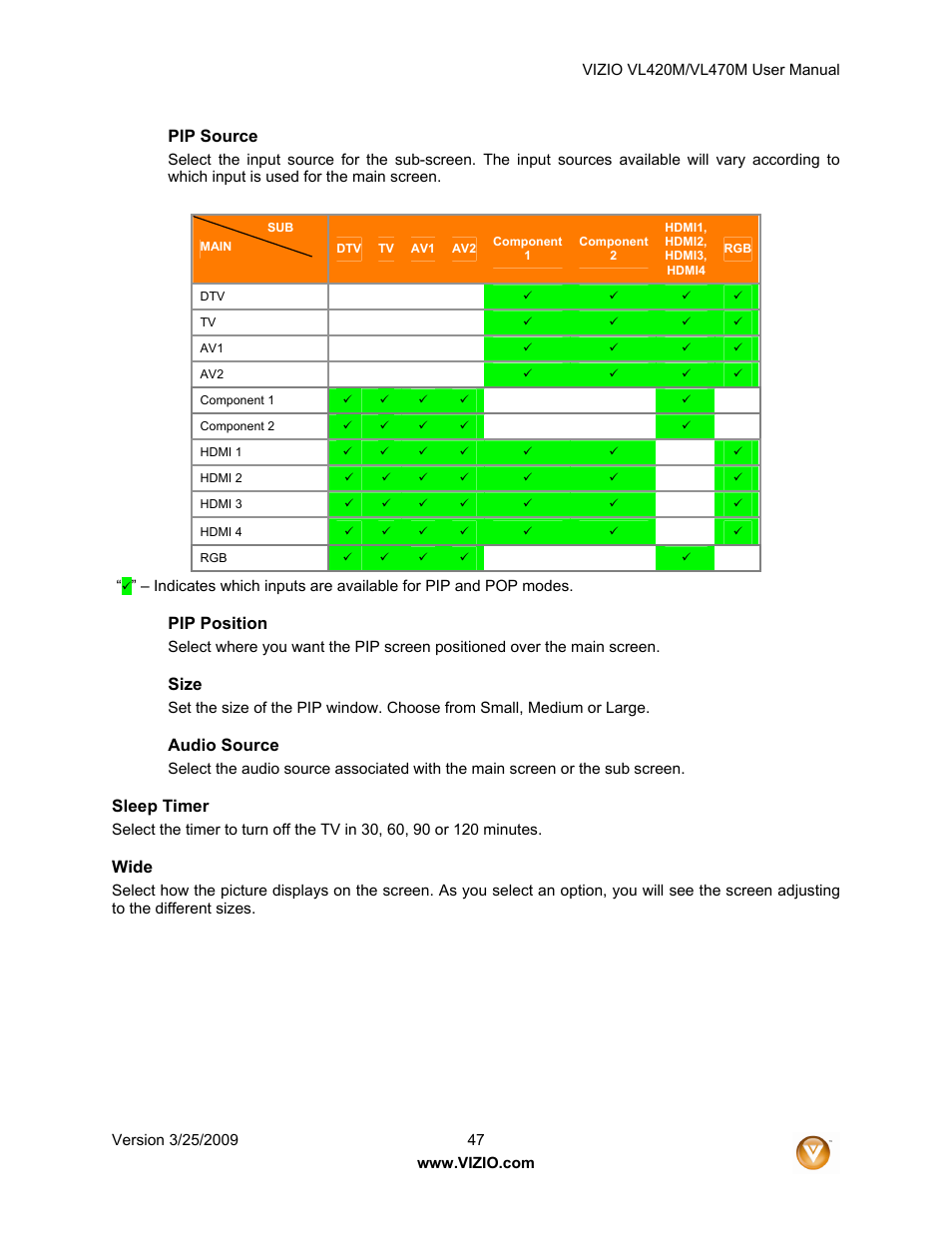 Pip source, Pip position, Size | Audio source, Sleep timer, Wide | Vizio VL470M User Manual | Page 47 / 64