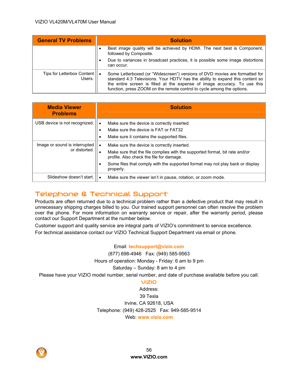 Telephone & technical support | Vizio VL470M User Manual | Page 56 / 64