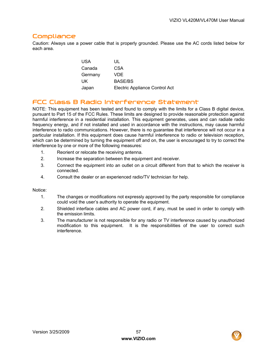 Compliance, Fcc class b radio interference statement | Vizio VL470M User Manual | Page 57 / 64