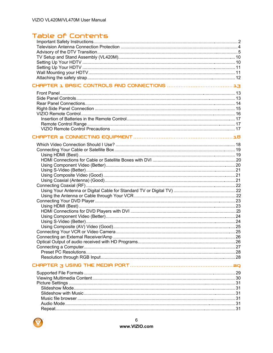 Vizio VL470M User Manual | Page 6 / 64