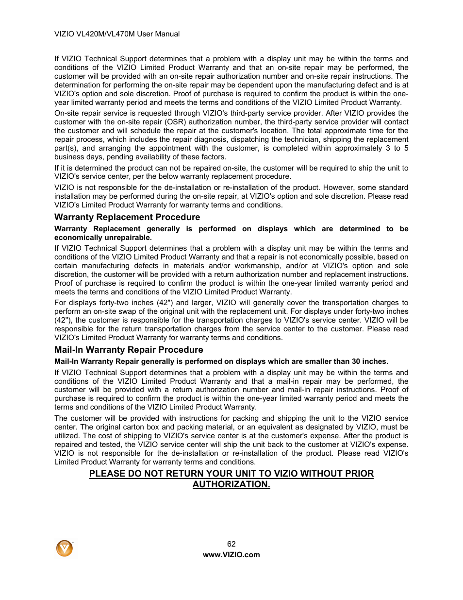 Vizio VL470M User Manual | Page 62 / 64